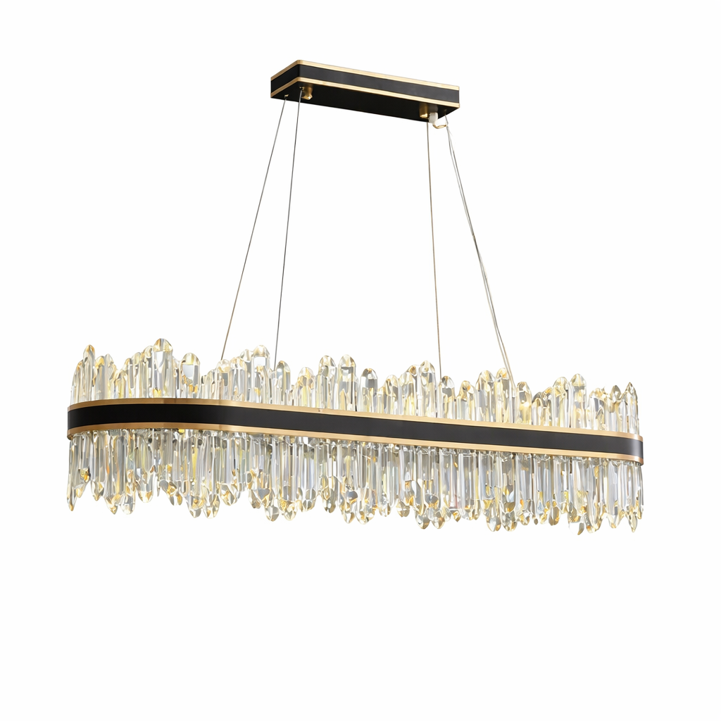 Close-up of the Sagres Rectangular Chandelier highlighting the diamond cut oblong crystals against the dual finish of matte black and brushed titanium gold.