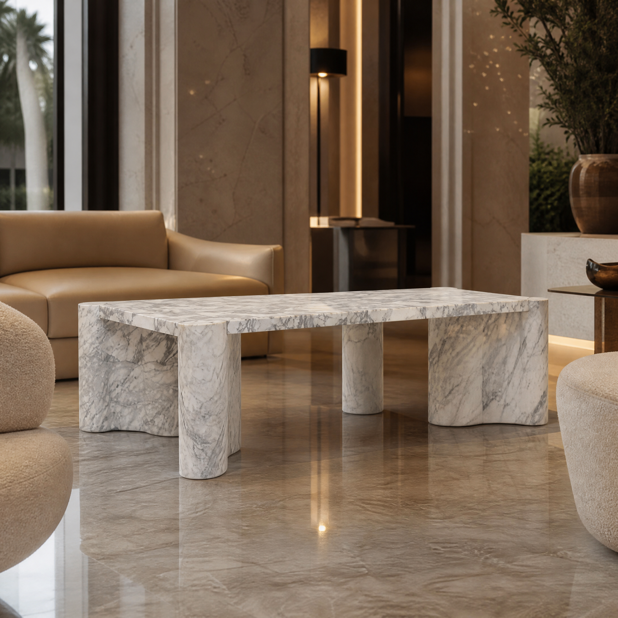 Close-up of the unique grey and white veining on the Arabescato marble top of the Portorino rectangular coffee table by VORELLI.