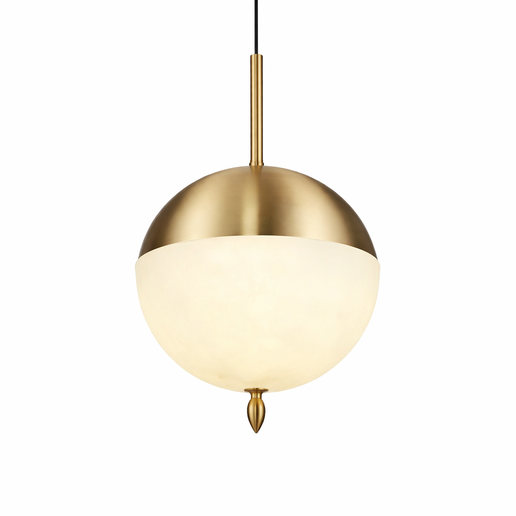 Close-up of the VORELLI Castano Marble Pendant Light II showcasing the intricate hand-carved veining of the marble texture against a polished brass ring.