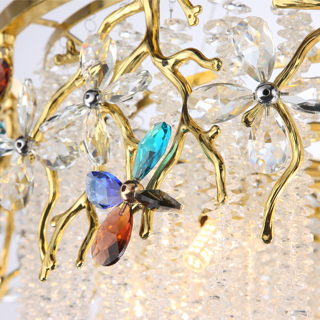 Close-up perspective of the refined centerpiece features of the Wisteria Rectangular Chandelier III by VORELLI, emphasizing depth and elegant light movement.