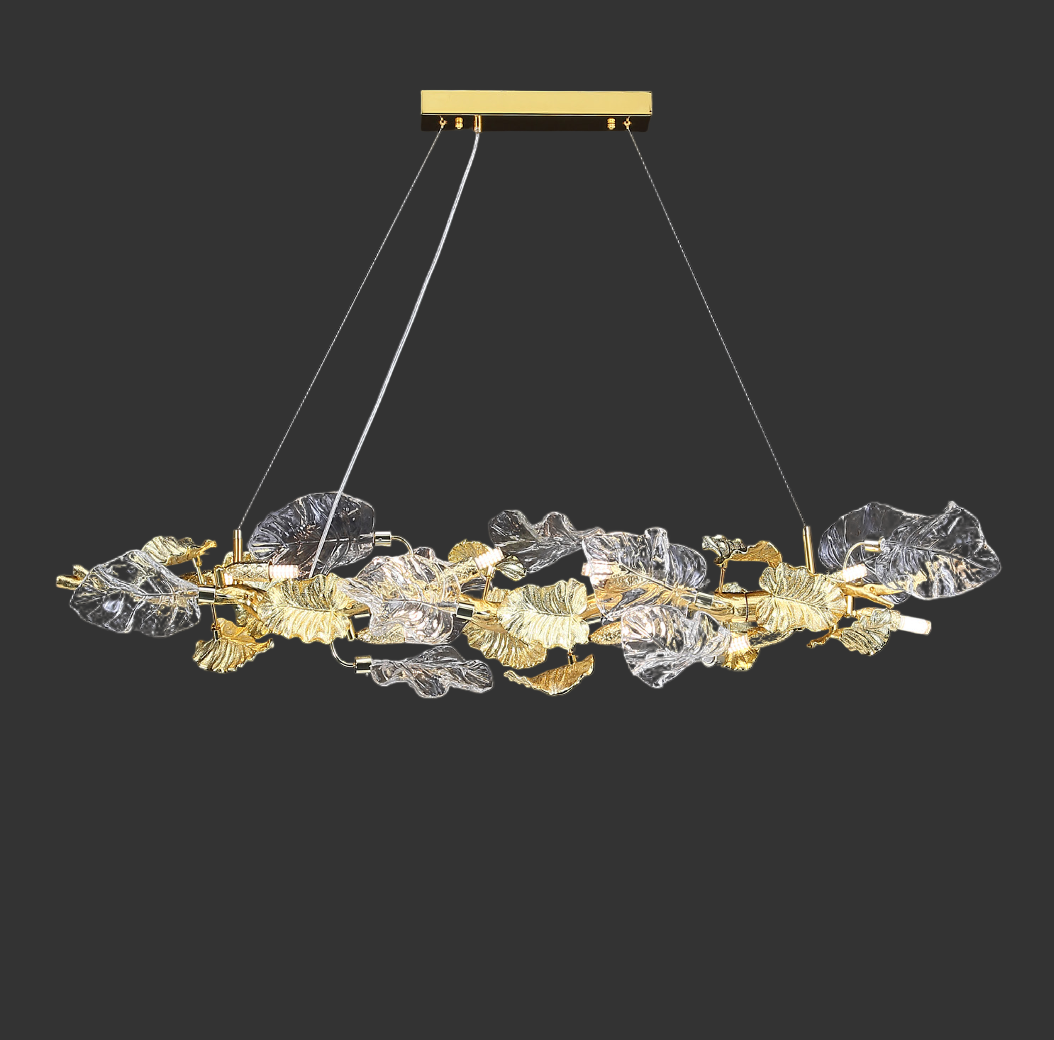 Close-up perspective of the refined metal frame and illuminated glass petals of the Aura Leaf chandelier