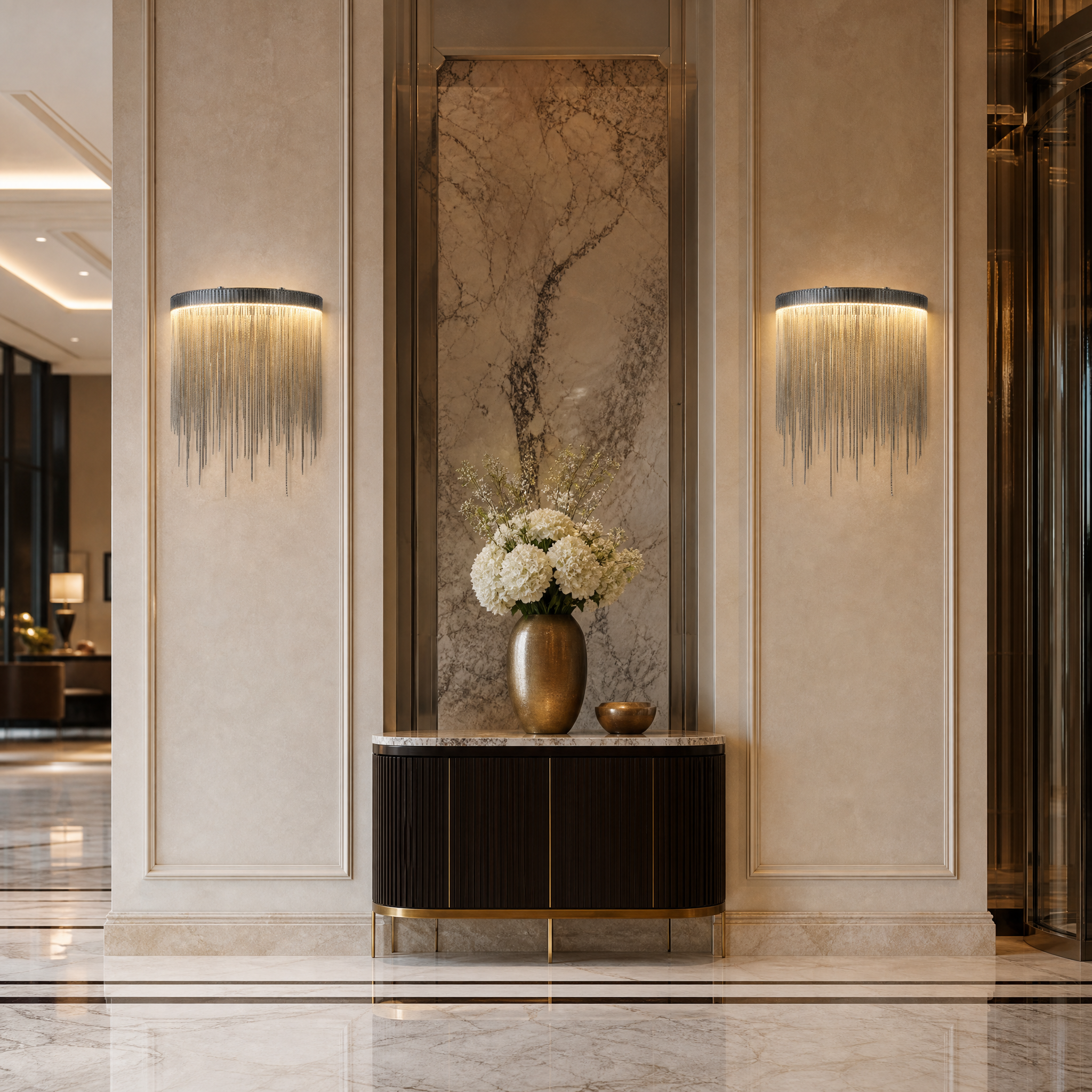 Close-up view of the Adlington wall light by VORELLI, capturing the intricate texture and reflective shimmer of its cascading chains.