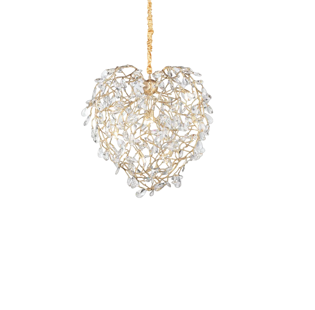 Close-up view of the diamond-cut crystal drops shimmering against the sculpted gold branches of the VORELLI Entwine Heart Pendant Light.