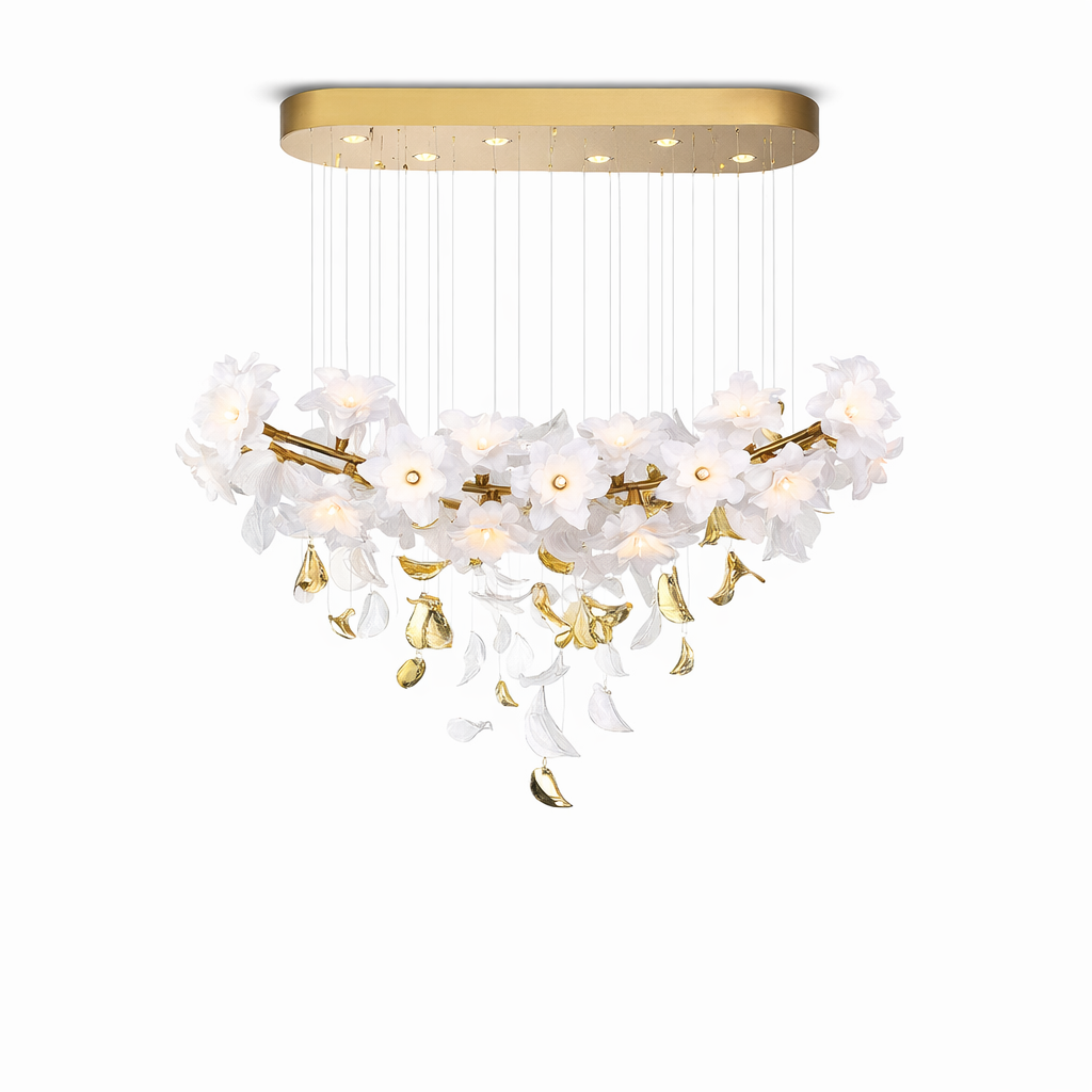 Close-up view of the intricate cascading leaf details and soft ambient glow of the VORELLI Gardenia Rectangular Chandelier II.
