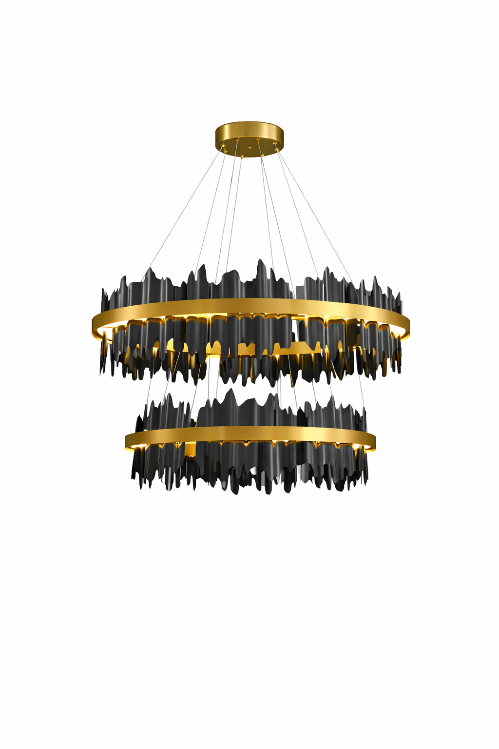 Close-up view of the intricate, culture-inspired decorative textures on the VORELLI Douala double circular chandelier rings.