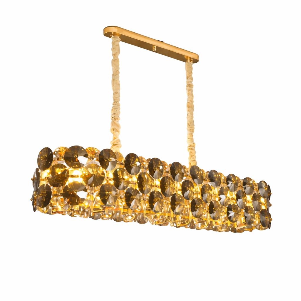 Close-up view of the Lorenzo Rectangular Chandelier focusing on the artistic arrangement of premium diamond-cut crystal discs.