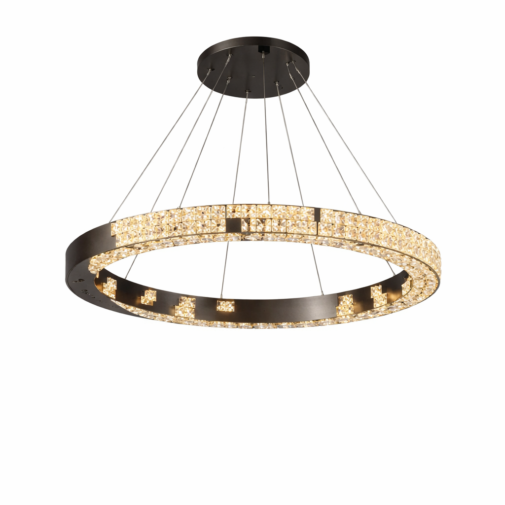Close-up view of the Minato Circular Chandelier's precision-cut crystal bars, casting a multi-faceted, luxurious light pattern.