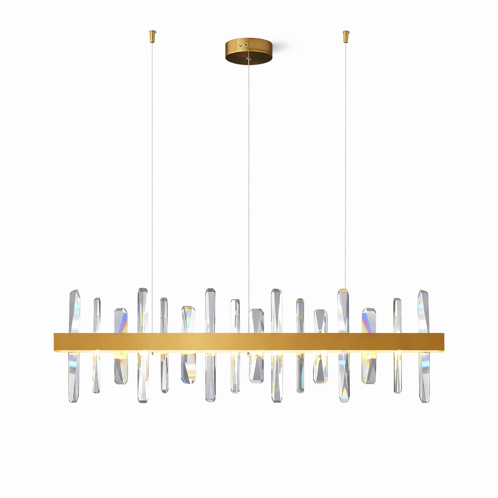 Close-up view of the multi-layered vertical thick crystals of the VORELLI Grantchester rectangular chandelier, capturing the premium light refraction.