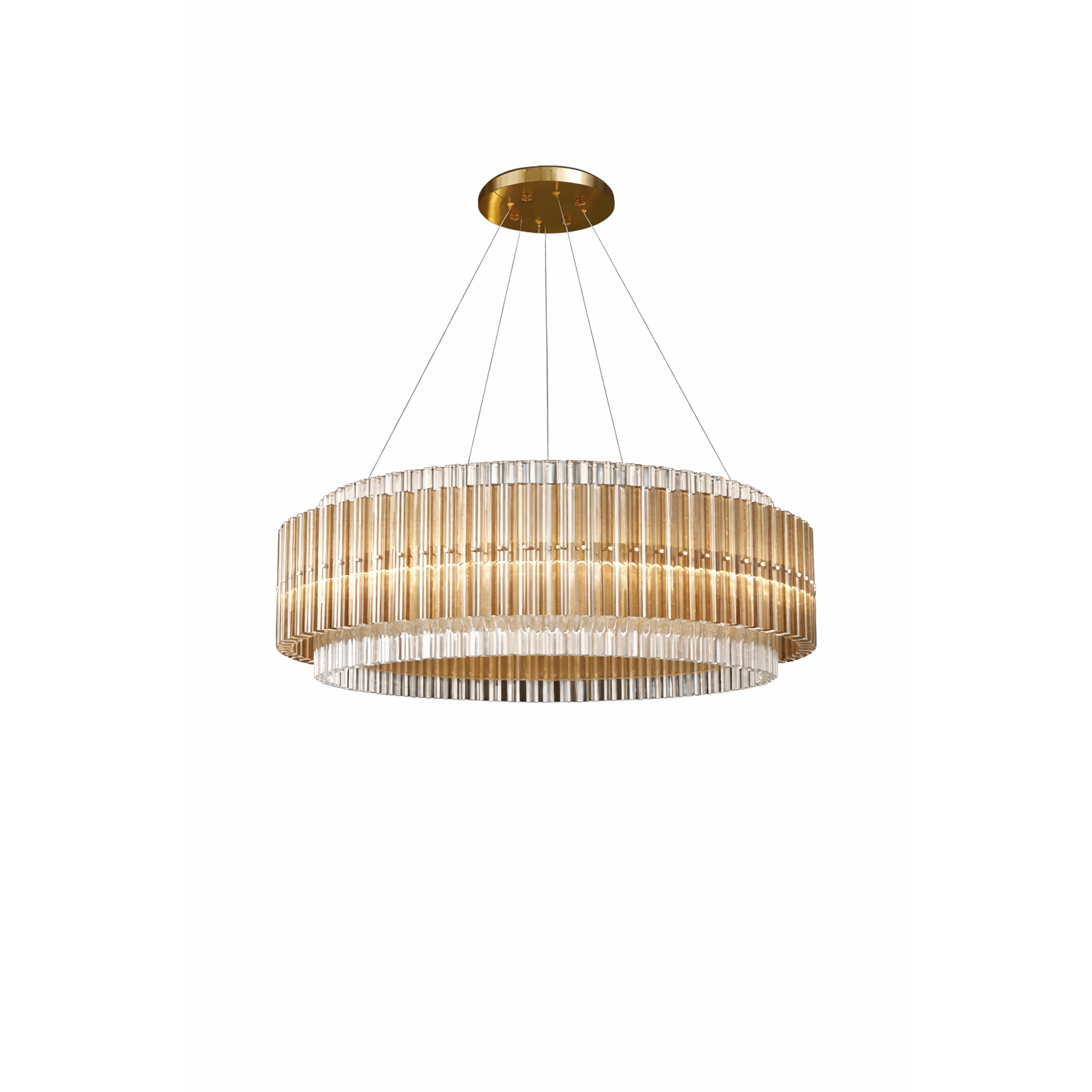 Close-up view of the premium X-profile prism crystals on the VORELLI Condotti circular chandelier, highlighting the intricate geometric cuts and light dispersion.