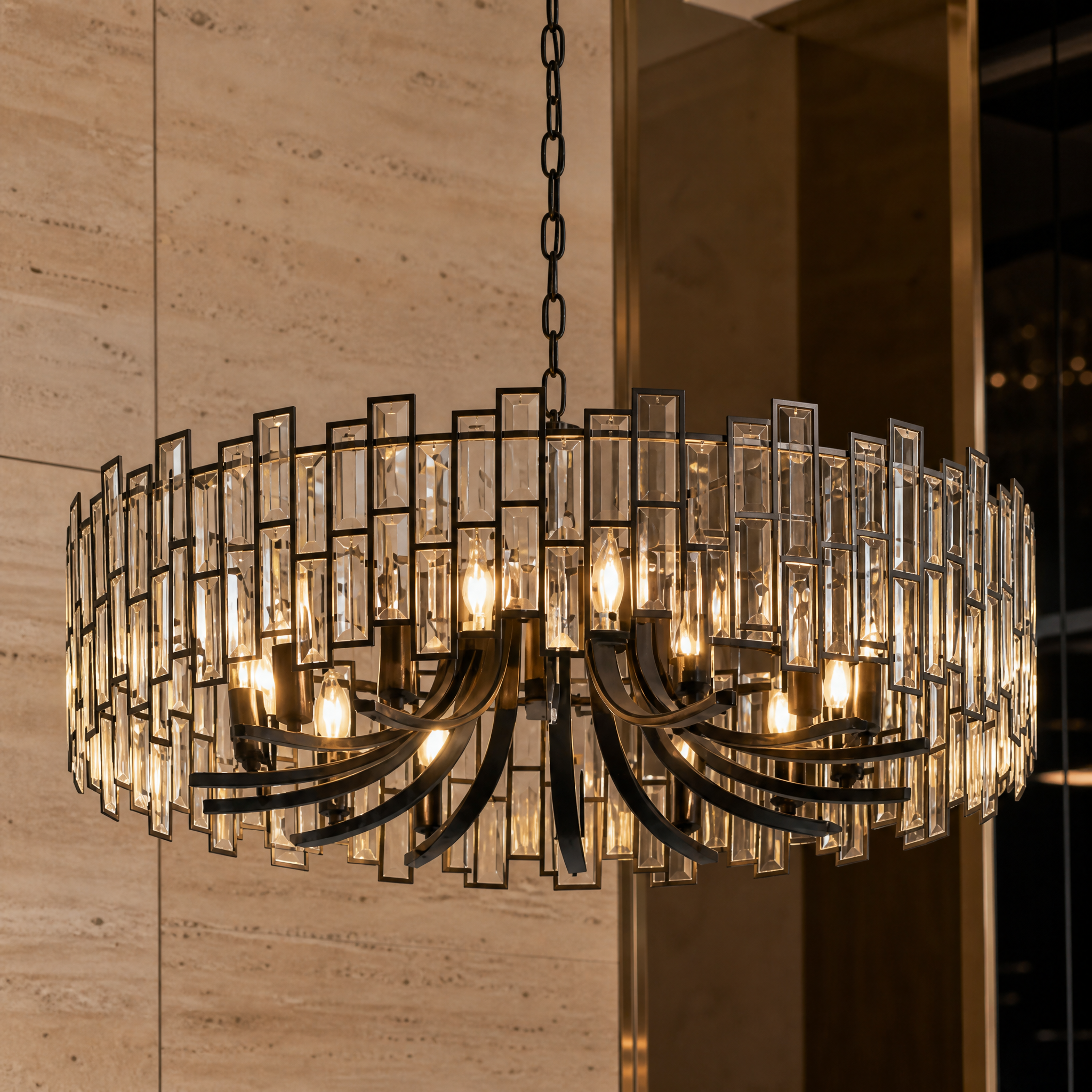 Close-up view of the Presidio Circular Chandelier II highlighting the brilliant refraction through its rectangular crystal prisms and premium matte finish.