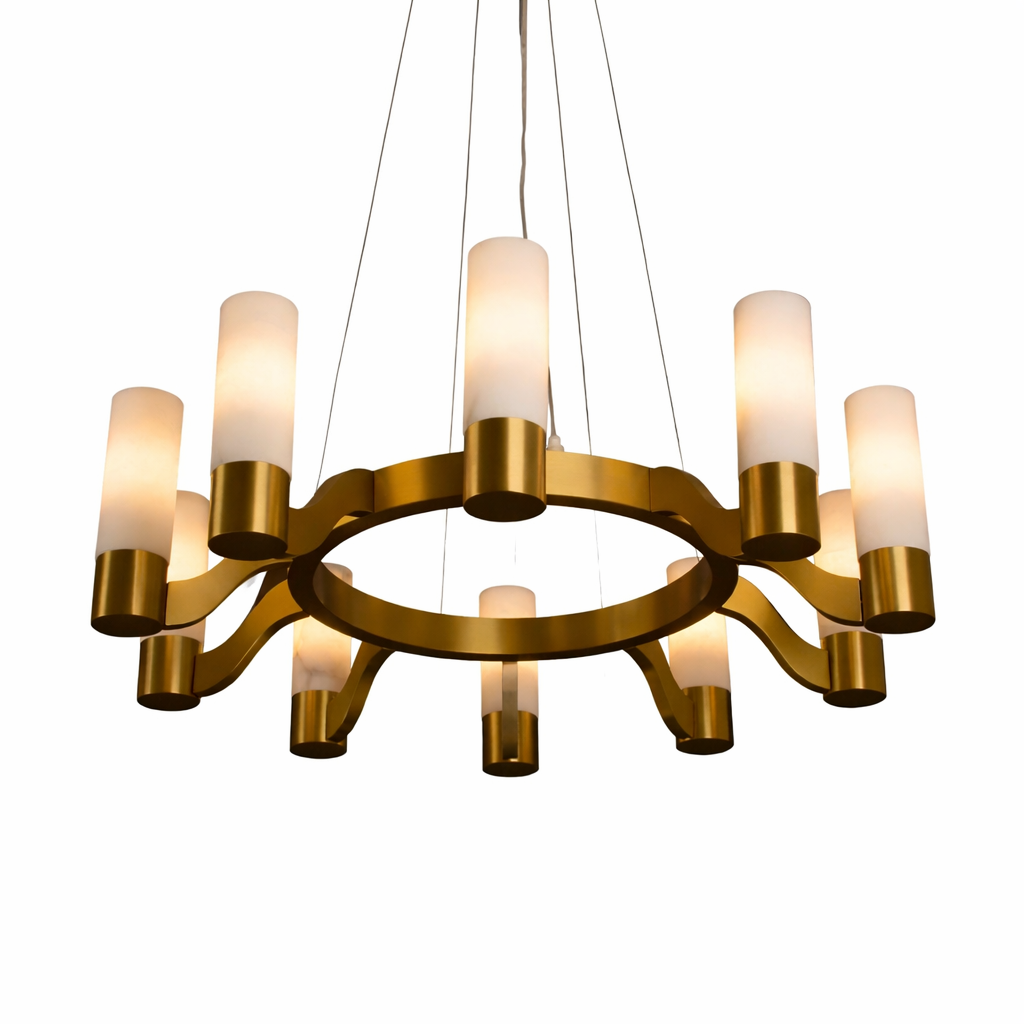 Close-up view of the sophisticated cylindrical marble shades on the VORELLI Valenza circular chandelier, emphasizing the natural stone texture.