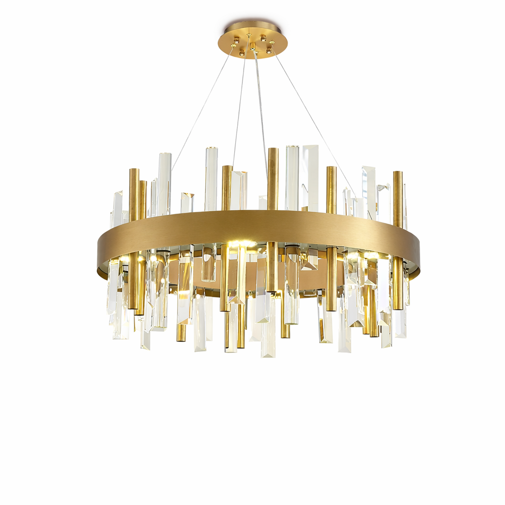 Close-up view of the VORELLI Ardmore circular chandelier highlighting the exquisite craftsmanship of its intricate metal tubing and crystal accents.