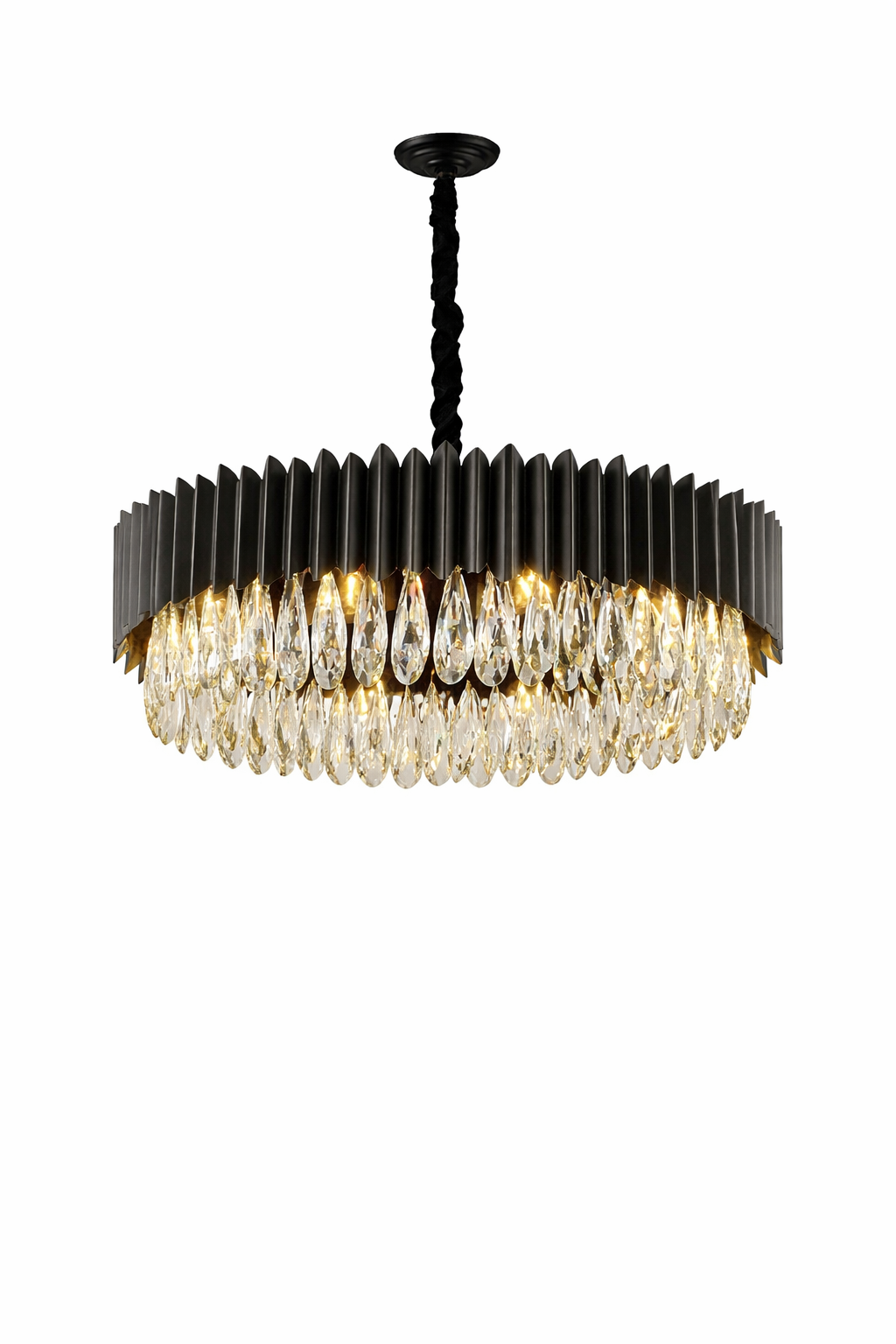 Close-up view of the VORELLI Doral chandelier's diamond-cut teardrop crystals reflecting light to enhance a room's sophisticated ambiance.