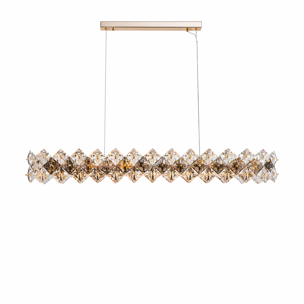 Close-up view of the VORELLI Thirlmere rectangular chandelier, highlighting the intricate pattern of the diamond-cut clear and smoky grey crystals.