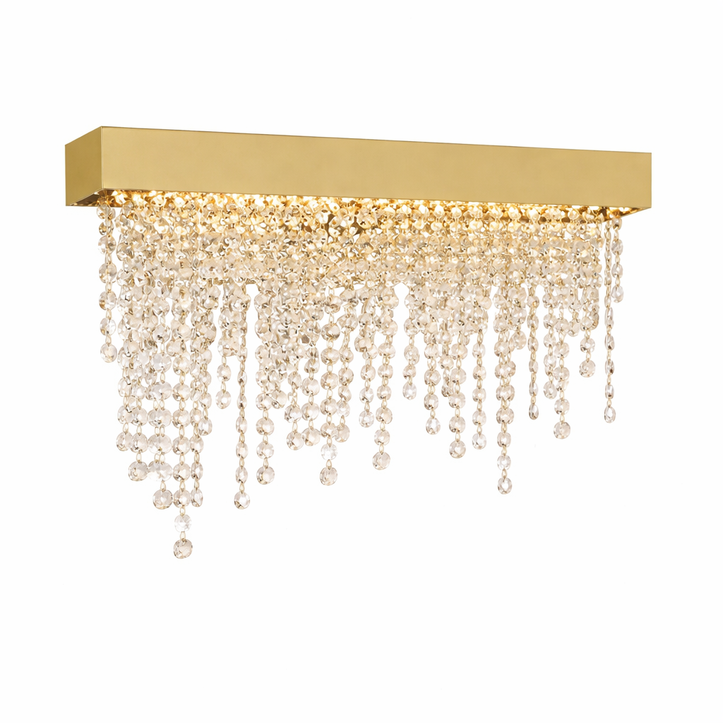 Close-up view of the Westminster Wall Light by VORELLI, highlighting the intricate texture of the crystal chains reflecting a brilliant sparkle.