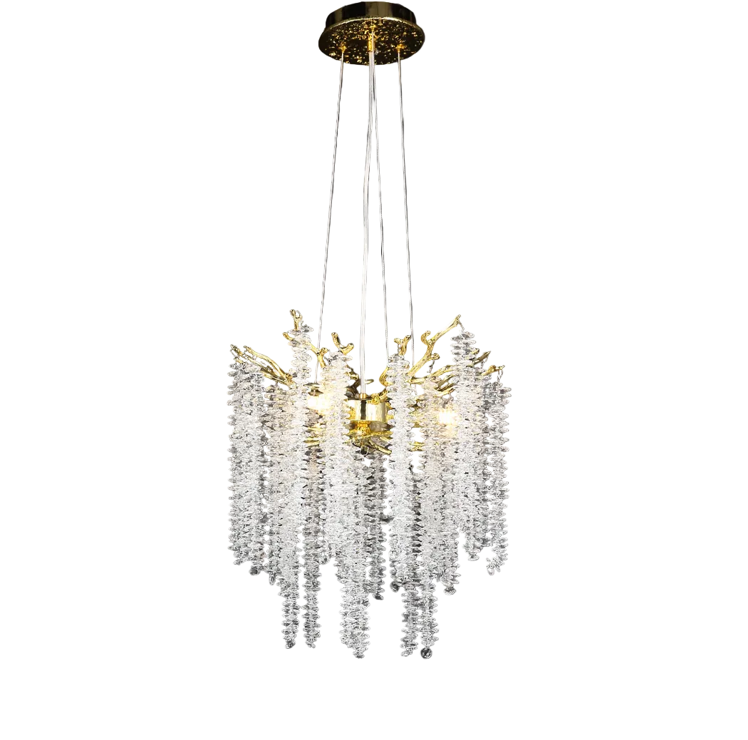 Close-up view of the Wisteria Pendant Light by VORELLI, showcasing the delicate cascades of precision diamond-cut crystals that capture and refract light.