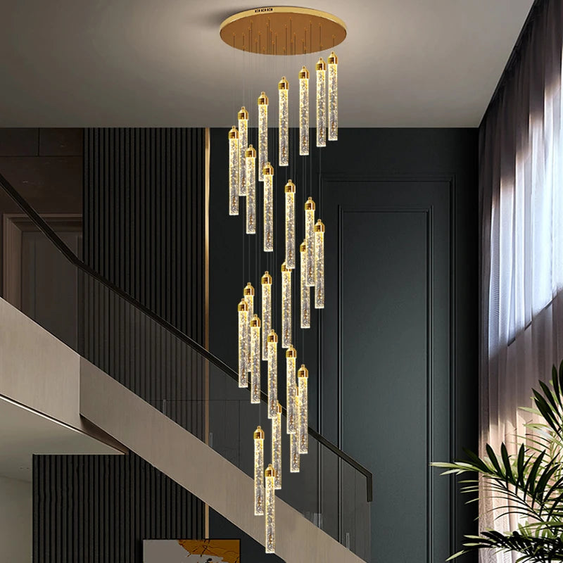 cobham pendant staircase chandelier with cascading bubble effect crystal tubes in luxury interior