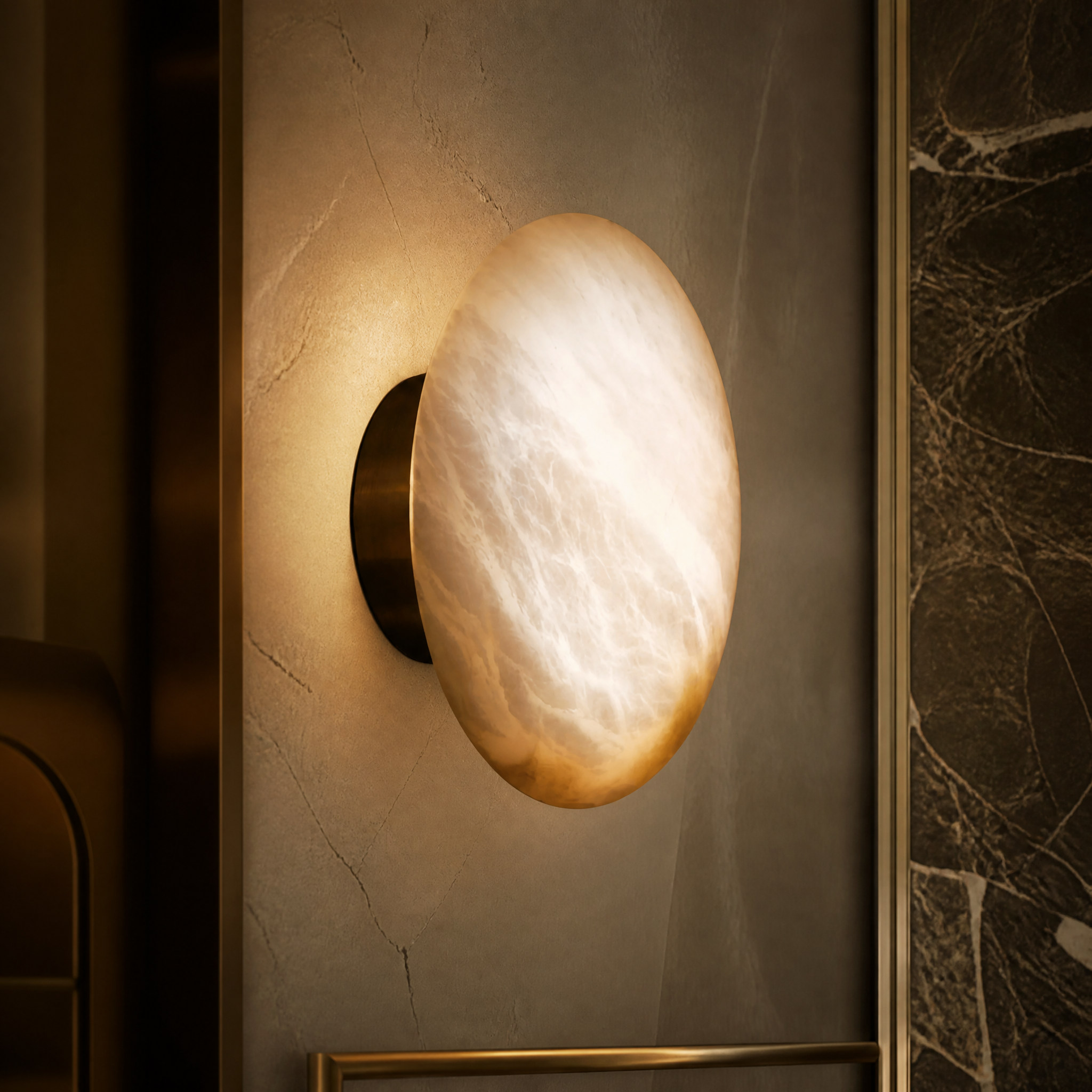 Detailed closeup of the VORELLI Como marble wall light showcasing the unique natural veining and sculptural simplicity of the circular stone.