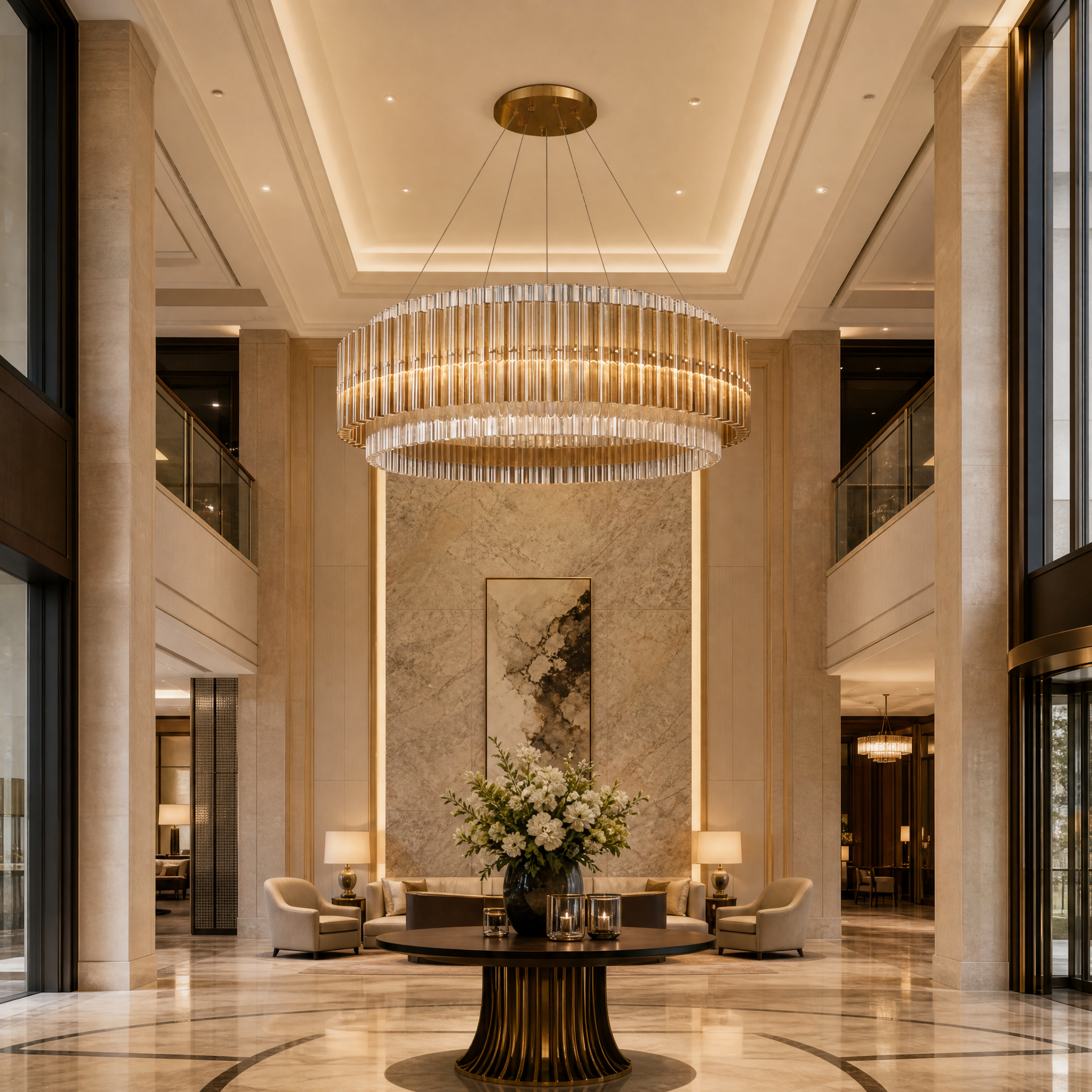 The distinctive VORELLI Condotti circular crystal chandelier creating a captivating, upscale ambiance in a grand hotel lobby.