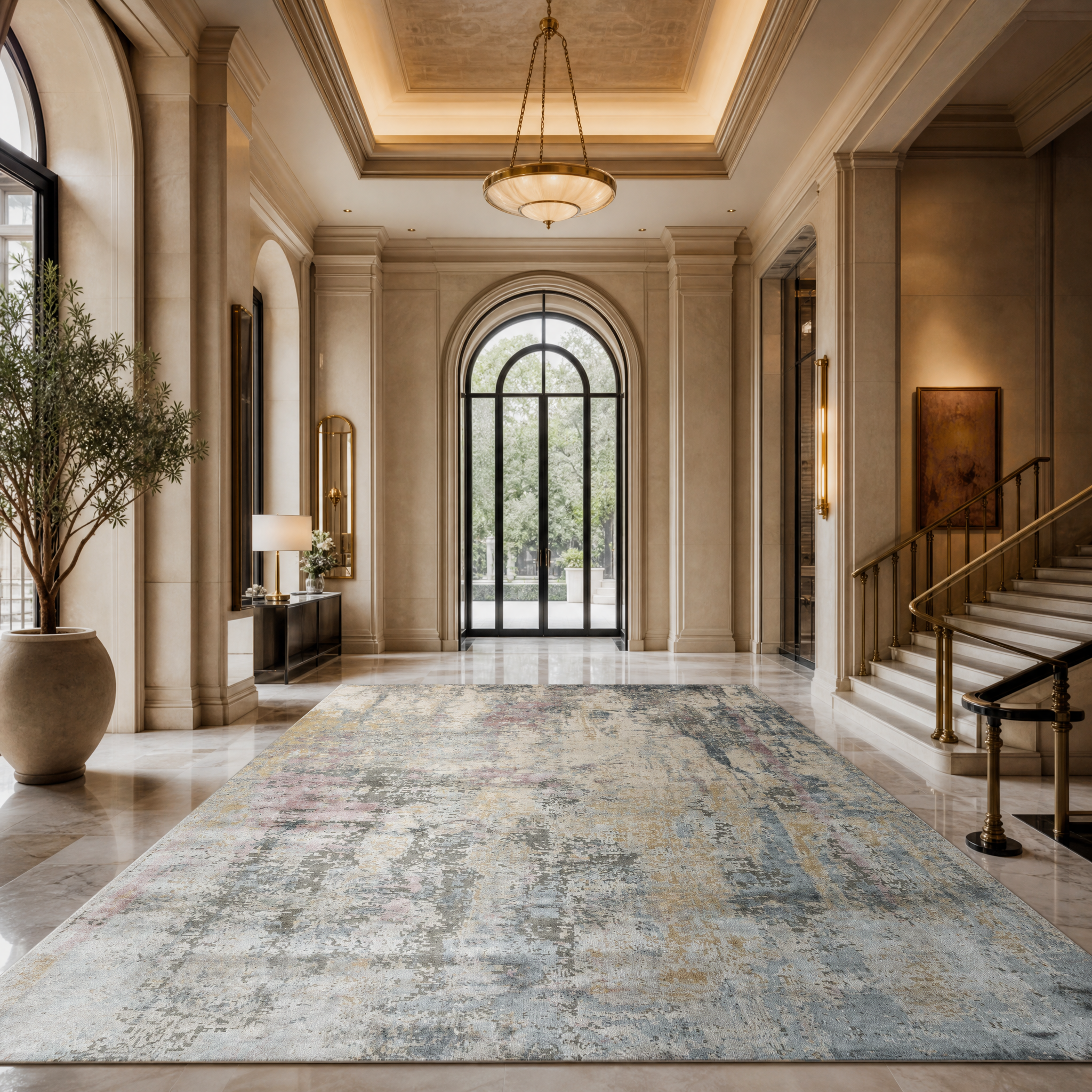 The serene antique white and ice blue VORELLI Cortina rug bringing a calm, luxurious atmosphere to a contemporary hotel lounge setting.
