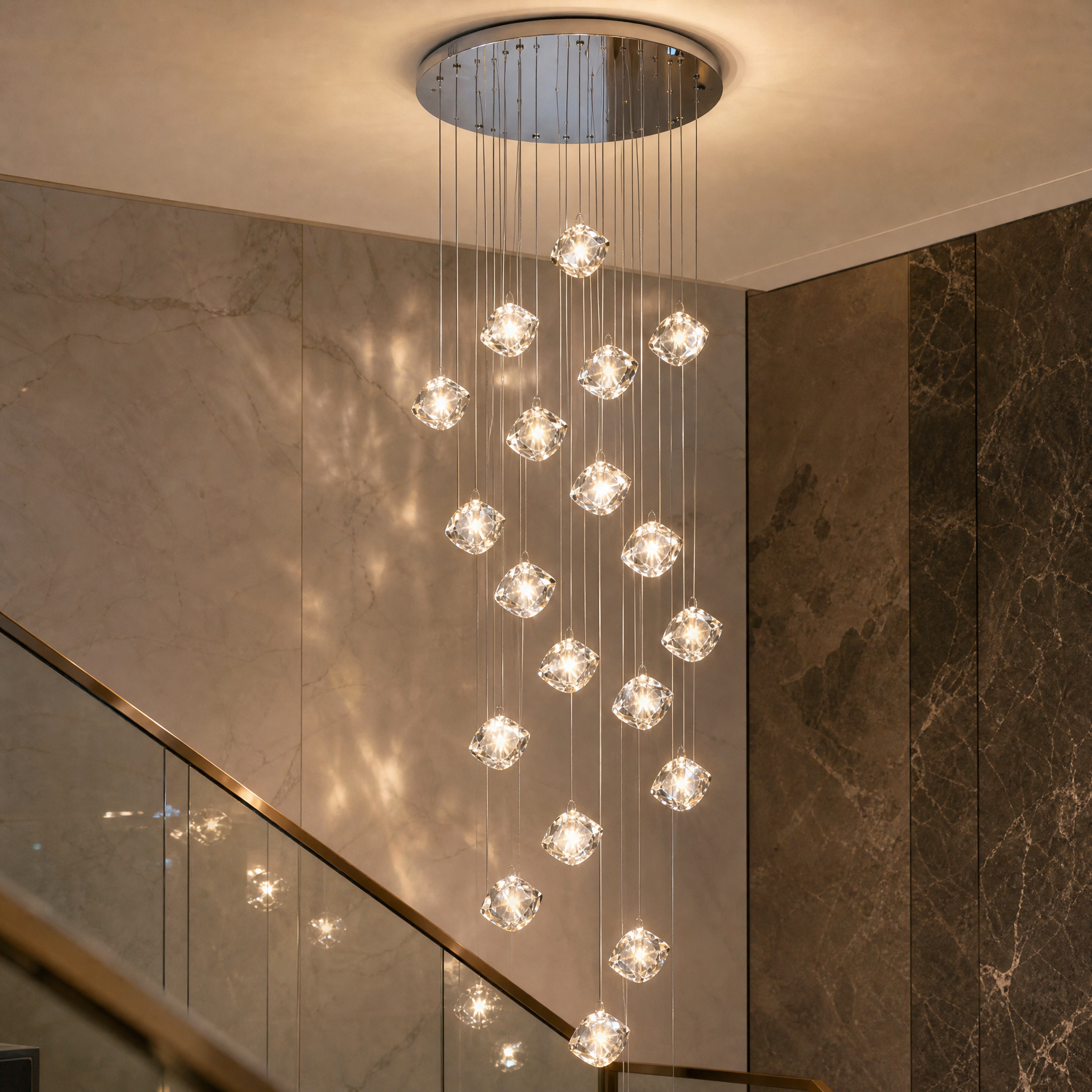 Close-up detail of the sophisticated geometric cube crystal pendants on the VORELLI Crenshaw staircase chandelier, showcasing upscale craftsmanship.