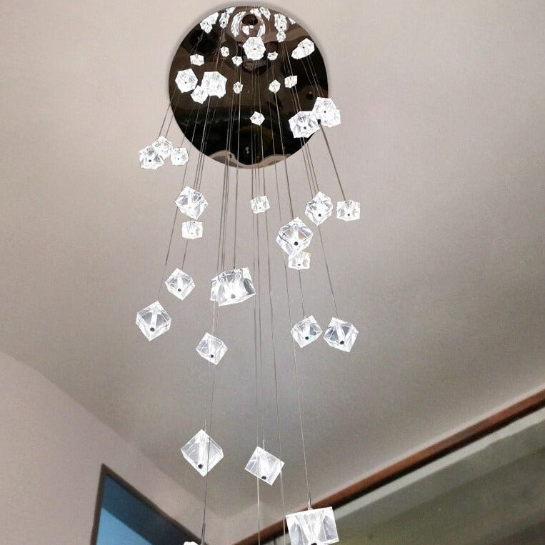 overhead view of crenshaw staircase chandelier displaying layered cube crystals