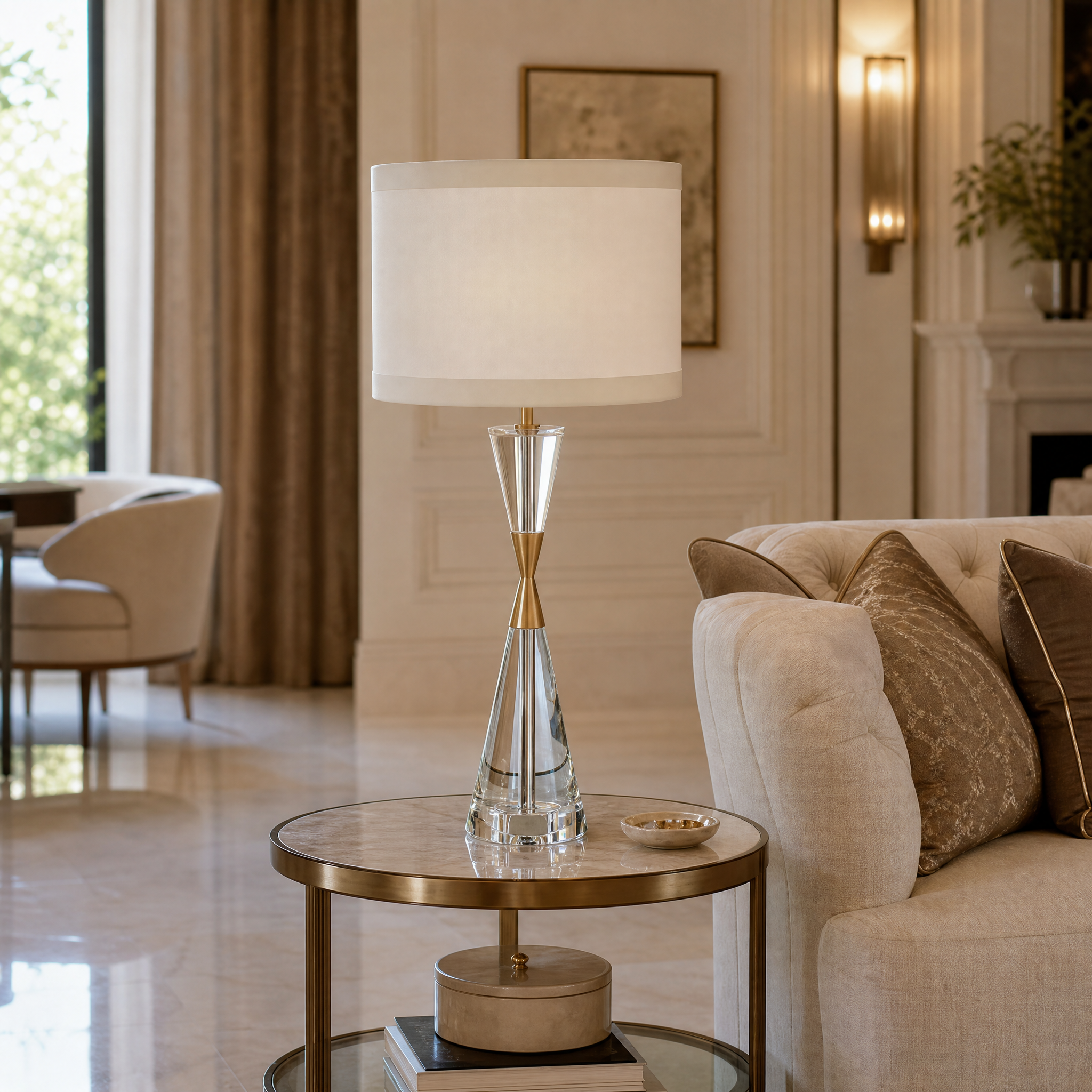 Modern luxury living room interior featuring the sculptural Dalmora crystal and antique brass table lamp with a soft taupe shade.