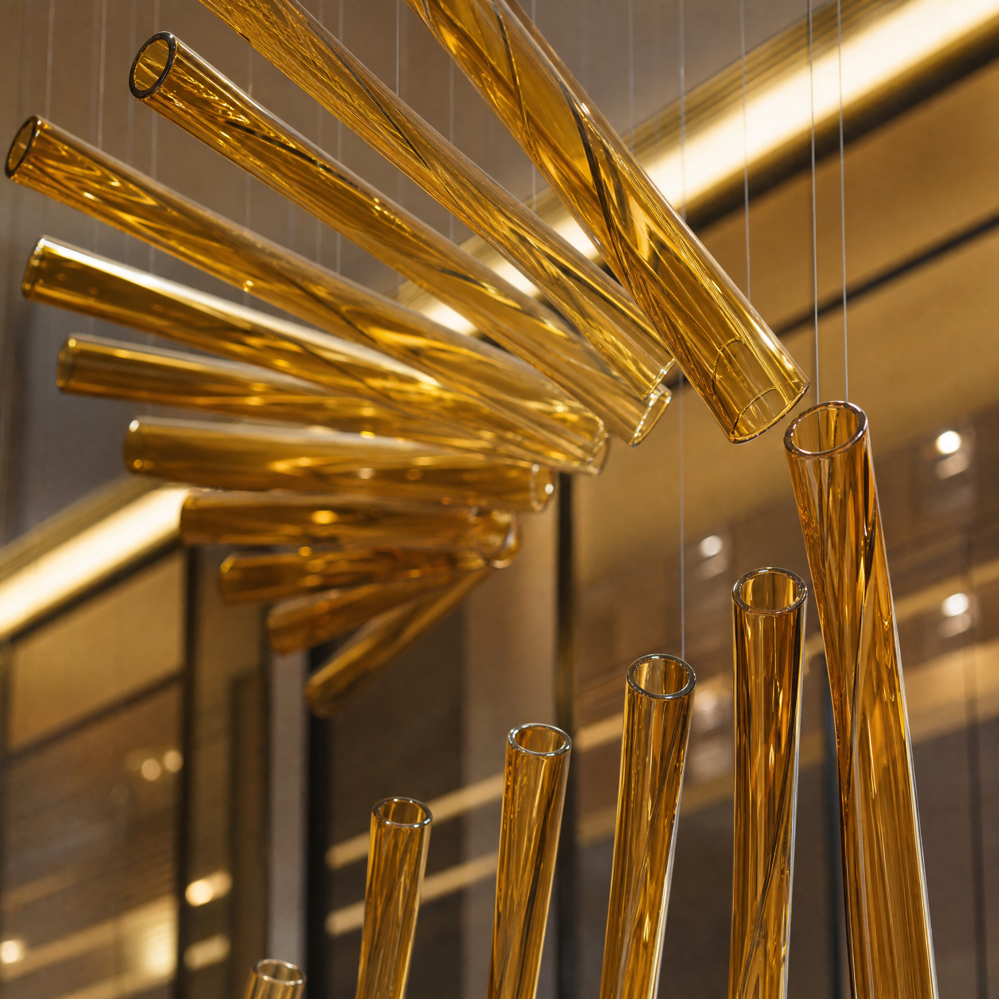 Macro detail of hand-crafted hollow amber glass tubes capturing and reflecting warm light