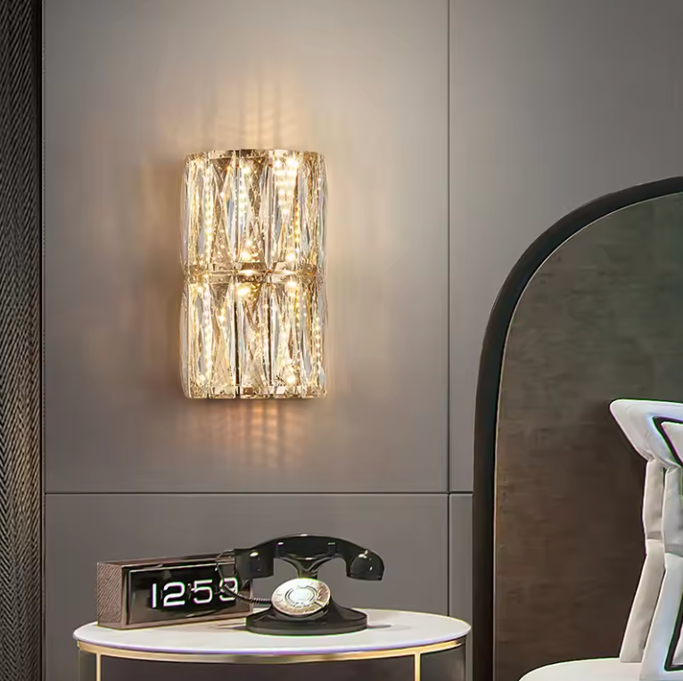 Detail shot of the premium rectangular crystals on the Gaia light, emphasizing luxury textures and high-end craftsmanship.