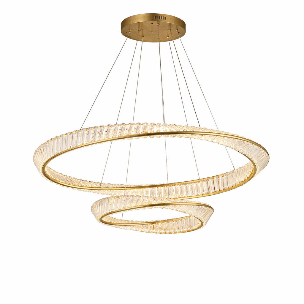 Detail view of the VORELLI Melia chandelier's interlocking dual circular rings capturing the elegant interplay of light through dense crystal prisms.