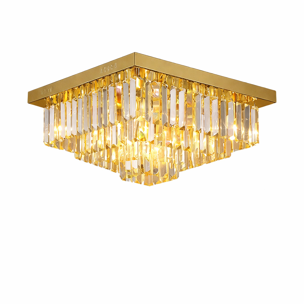Detailed close-up of the VORELLI Margoux square ceiling light highlighting the pristine craftsmanship and refracting light of the tiered crystal bars.