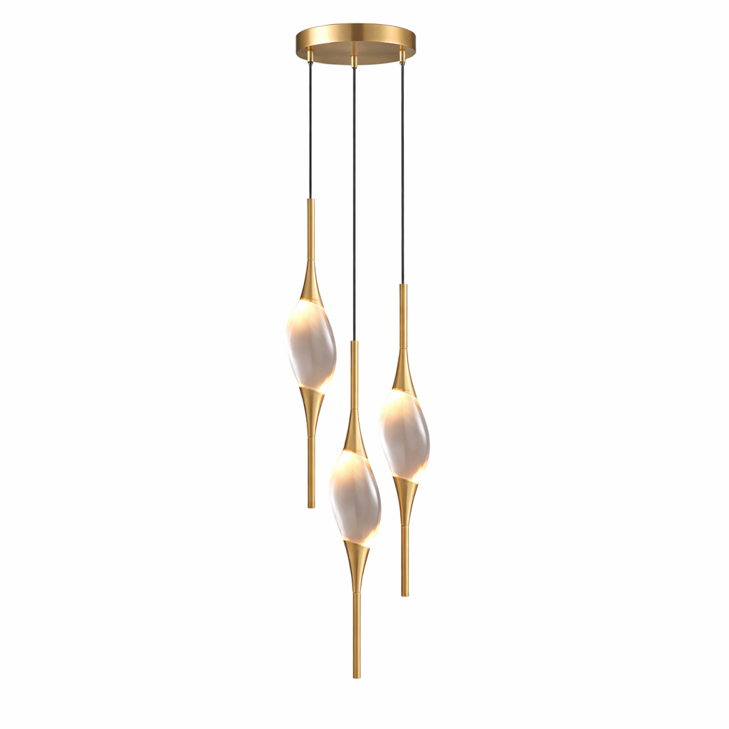 Detailed close-up of the VORELLI Wentworth Chandelier, highlighting the sleek, modern design and premium finishes of the cascading pendants.