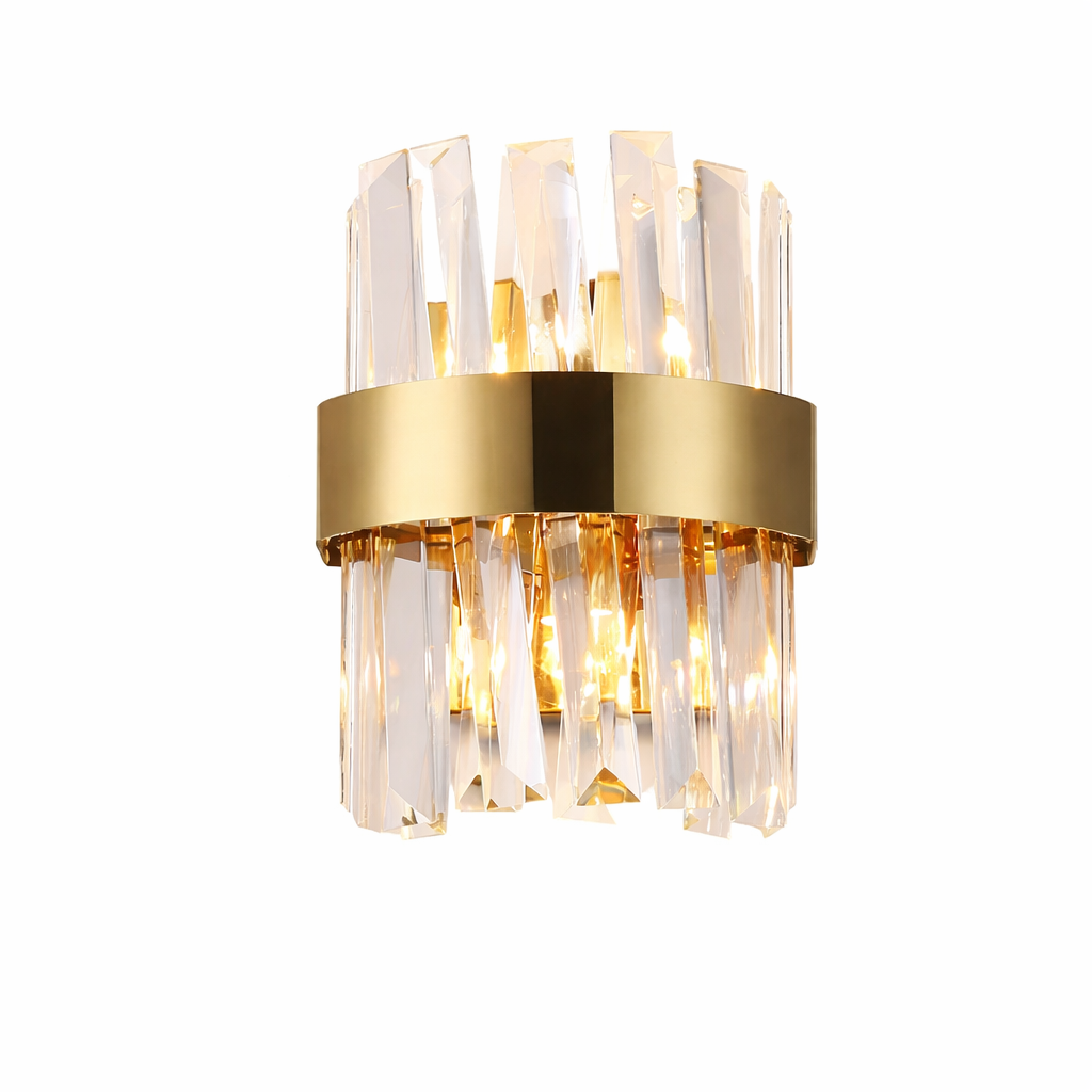 Detailed close-up view of the multi-angled crystal bars on the VORELLI Malahide wall light, showcasing the premium craftsmanship.