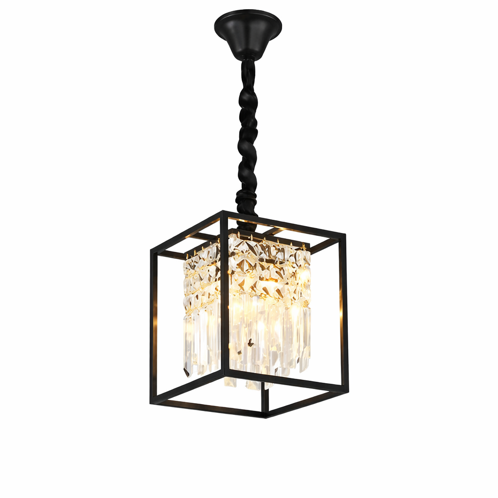 Detailed closeup of the VORELLI Maddison Pendant Light, showcasing the intricate diamond cut square crystals and reflective internal crystal bars within its geometric cube frame.