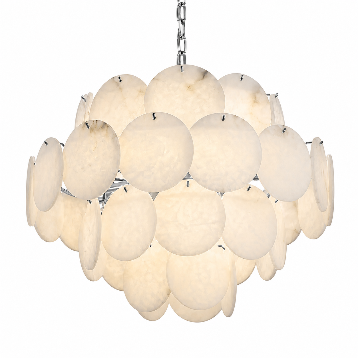 Detailed design perspective of the layered circular marble form on the VORELLI Alfonso II chandelier, illustrating its architectural quality.