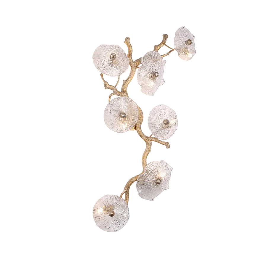 Detailed shot of the Penny Leaf Wall Light by VORELLI, showcasing the delicate textures of the glass leaves and the organic branching architecture.