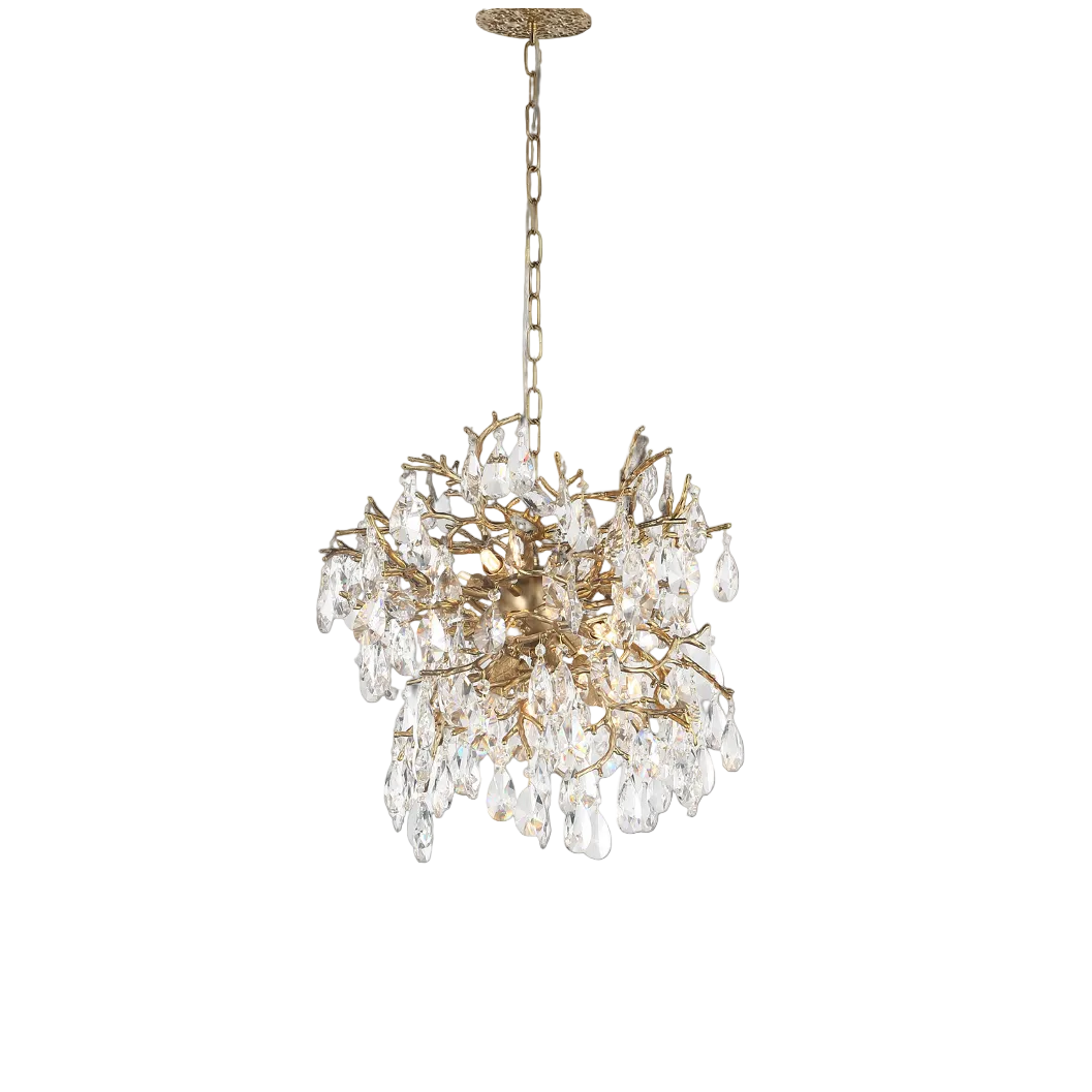 Detailed side angle of the VORELLI Entwine Dewdrop Pendant Light, capturing the elegant interplay of natural branch textures and brilliant crystal reflections.