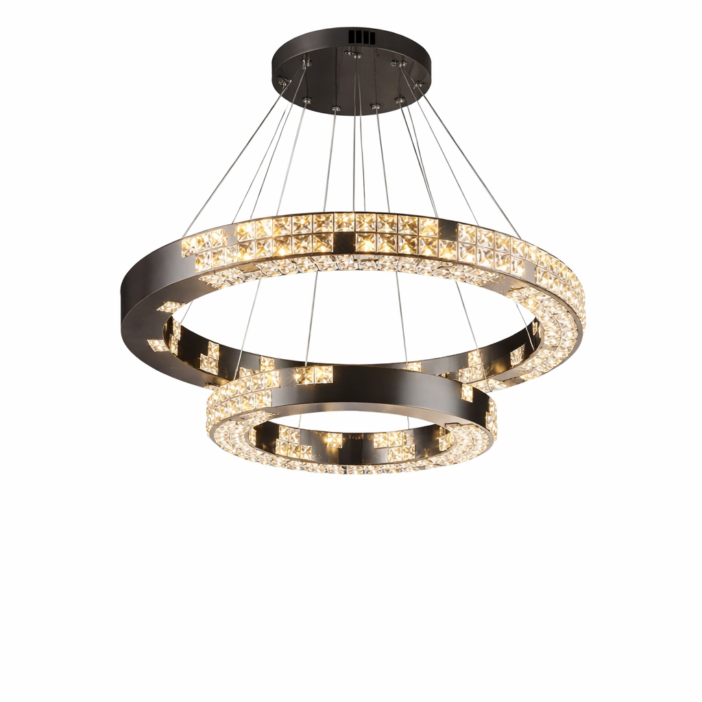 Detailed side-angle view of the Minato double circular chandelier by VORELLI, highlighting the intricate pattern of the diamond-cut crystals.