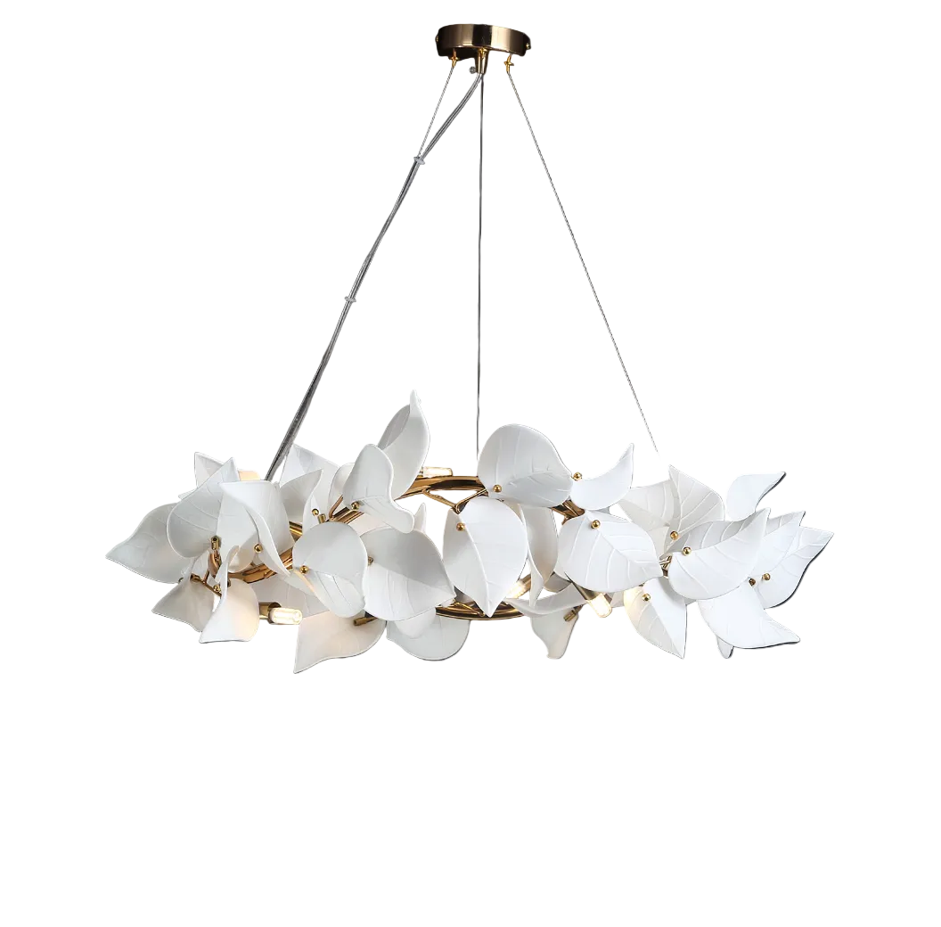 Detailed side profile of the Fiorella Circular Chandelier by VORELLI, highlighting the graceful movement of its layered floral accents.