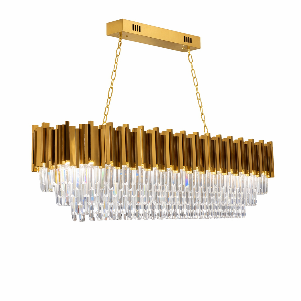 Detailed side profile of the VORELLI Boeotia rectangular chandelier, highlighting the geometric alignment of its sleek crystal bars.
