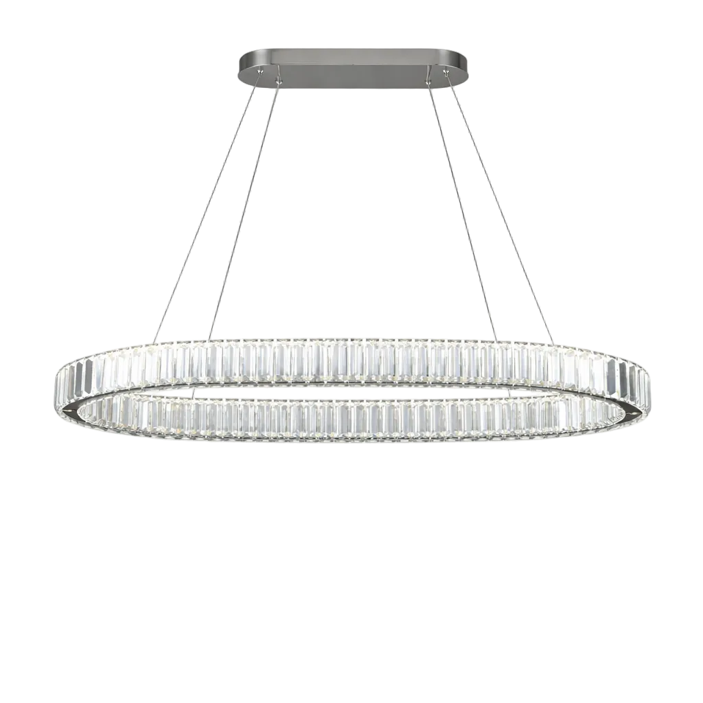 Detailed side profile of the VORELLI Oia rectangular chandelier highlighting the flawless alignment of its sparkling perimeter crystal bars.