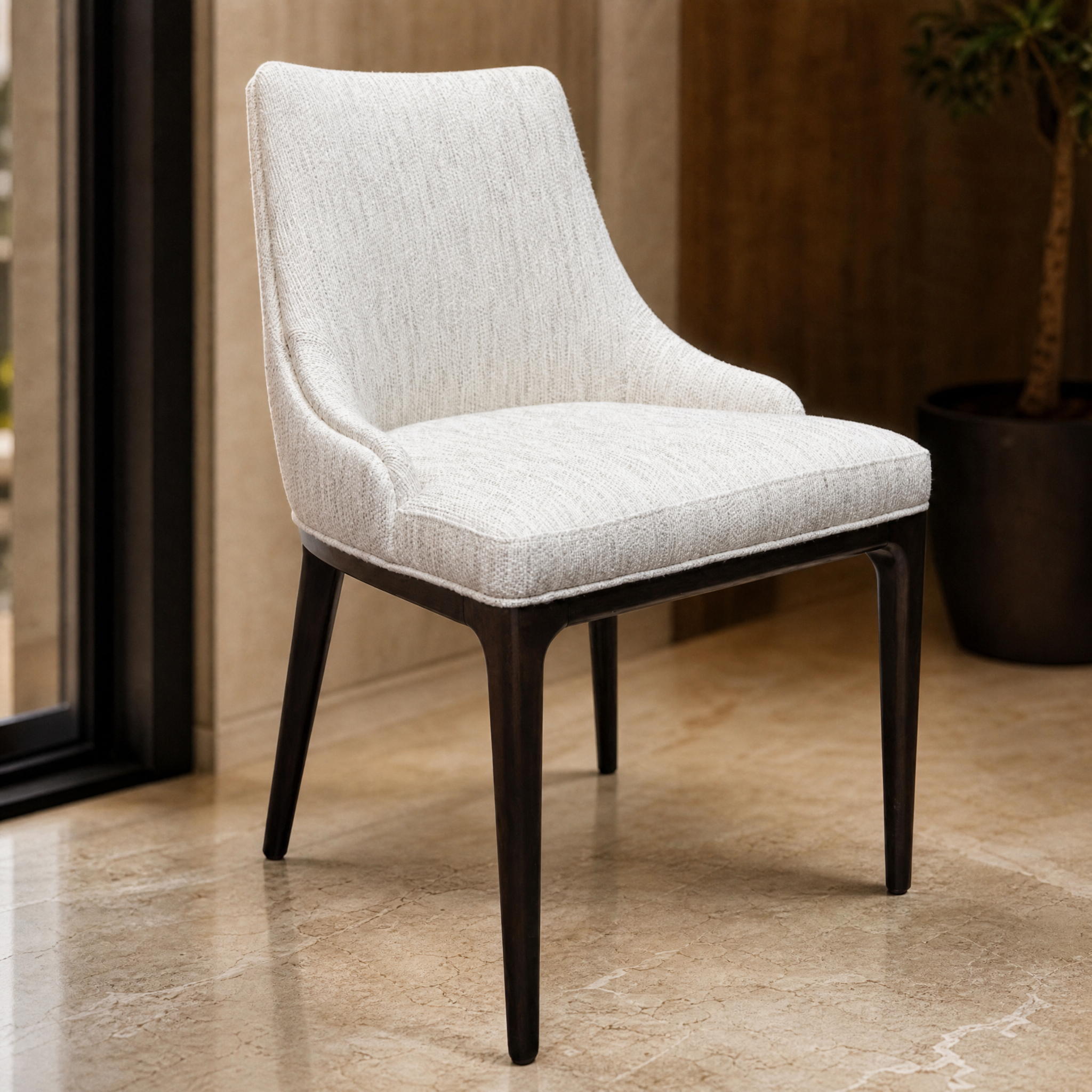 Detailed side profile view showcasing the sleek, contemporary silhouette and modern comfort of the VORELLI Abrevo cream lounge chair.