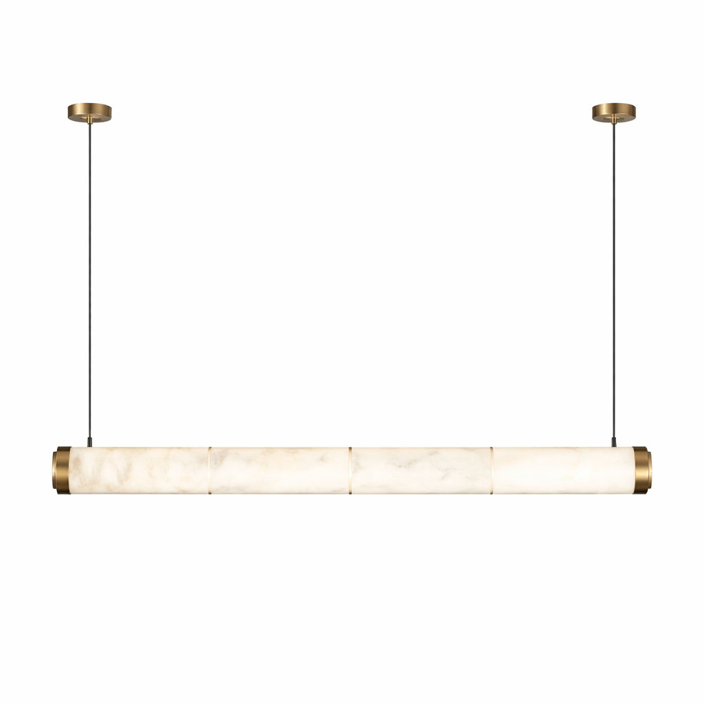 Detailed view of the Atlas marble chandelier's linear profile, emphasizing the natural stone patterns and its minimalist, understated elegance.