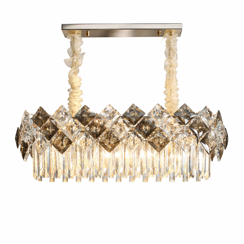 Detailed view of the cascading crystal bars on the bottom of the Thirlmere Rectangular Chandelier II, showcasing premium craftsmanship.