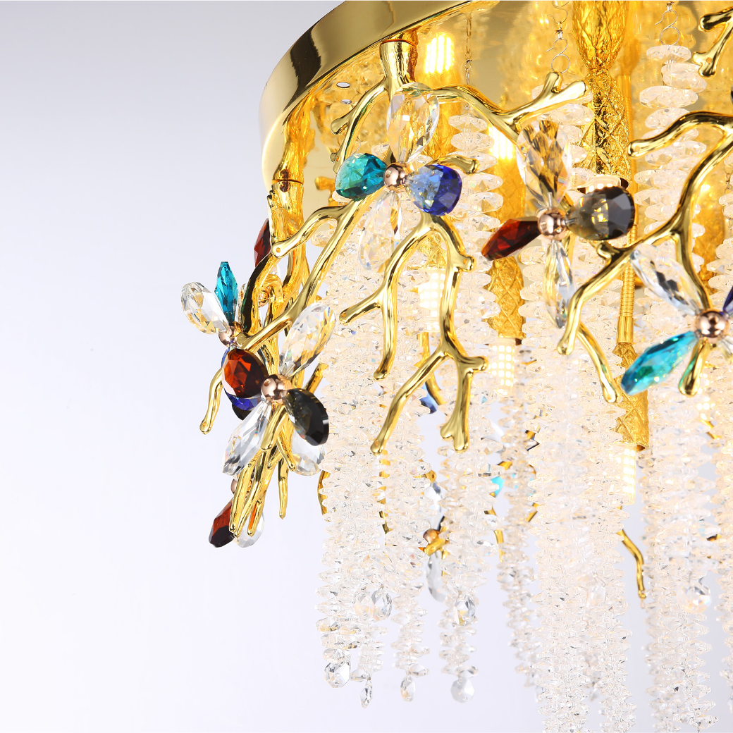 Detailed view of the cascading crystal elements of the Wisteria luxury ceiling light, showcasing its artistic and organic design.