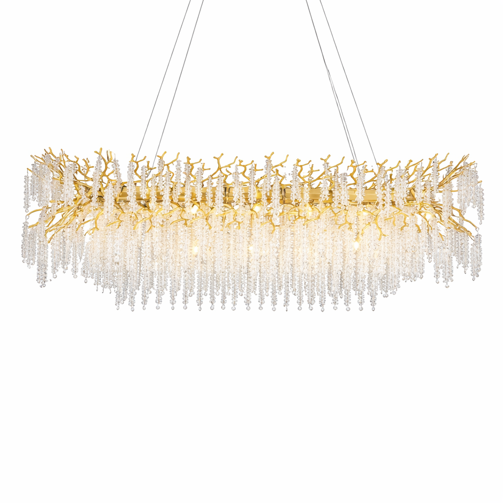 Detailed view of the diamond cut crystal strands on the VORELLI Wisteria Rectangular Chandelier II, capturing the dramatic refraction of light.