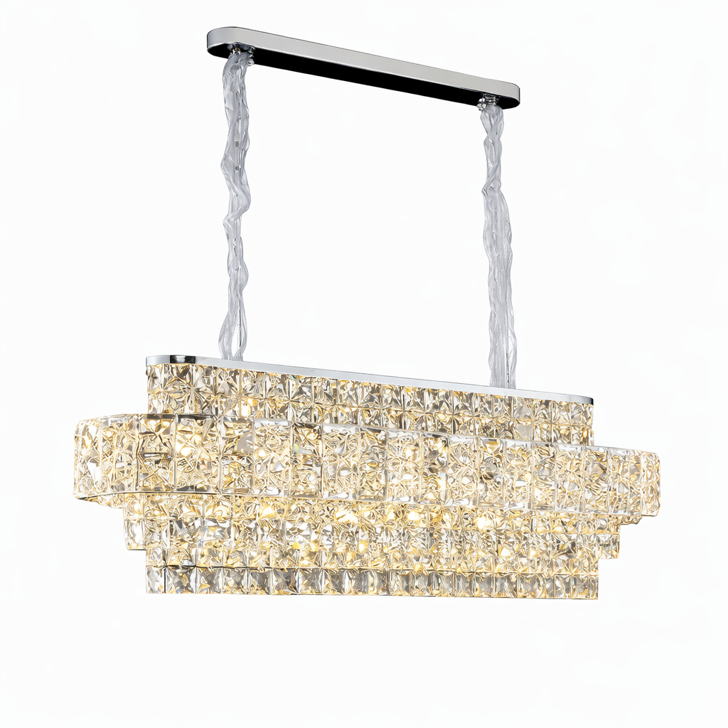 Detailed view of the diamond-cut square crystals on the VORELLI Stefano rectangular chandelier, catching the light with brilliant clarity.