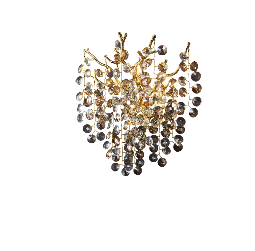 Detailed view of the intricate branching architecture and precision-cut faceted crystal discs of the VORELLI Mimosa wall light.