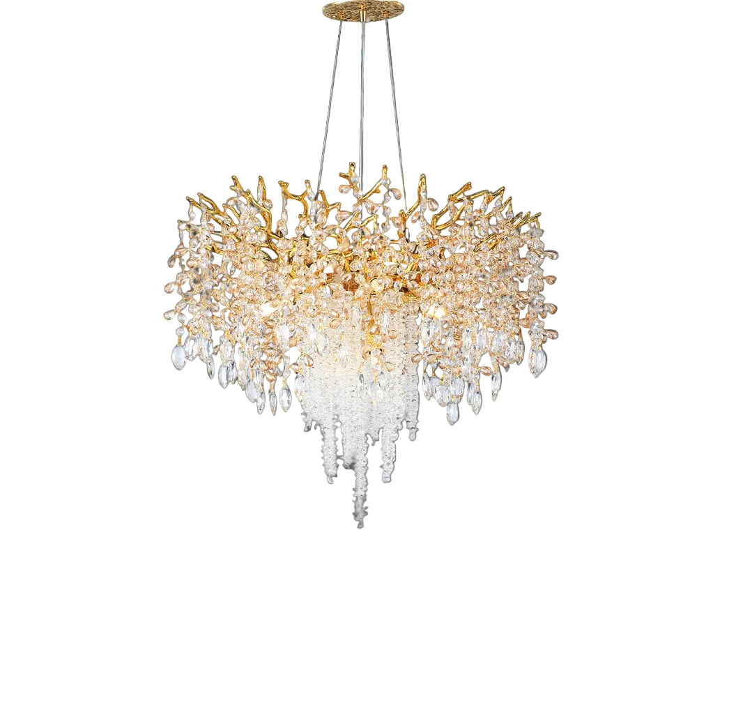 Detailed view of the intricate crystal strands cascading from the sculptural branches of the Wisteria Circular Chandelier III by VORELLI.