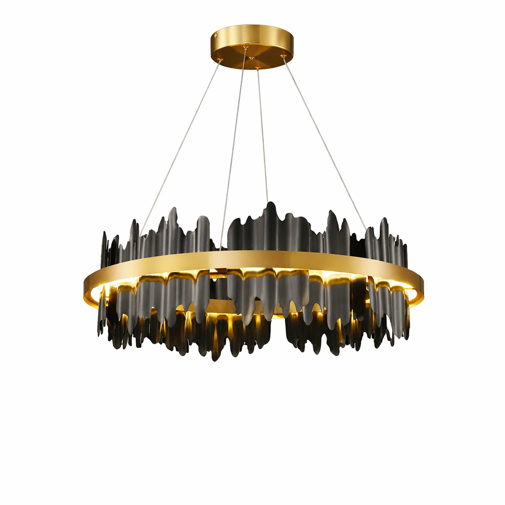 Detailed view of the intricate, culturally inspired decorative elements on the VORELLI Douala Circular Chandelier.